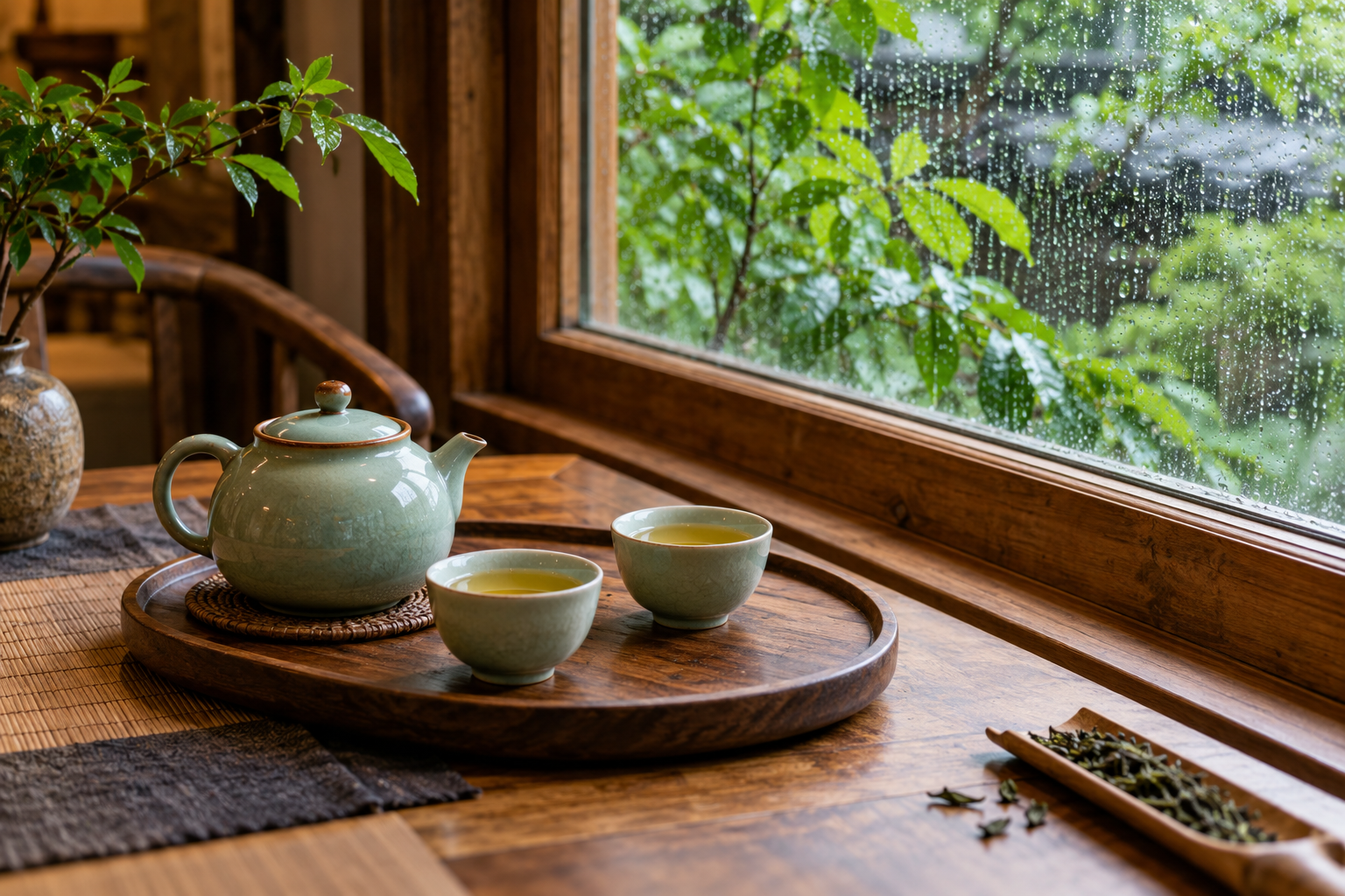 雨天窗边的青瓷茶席，茶壶与茶杯陈列示意