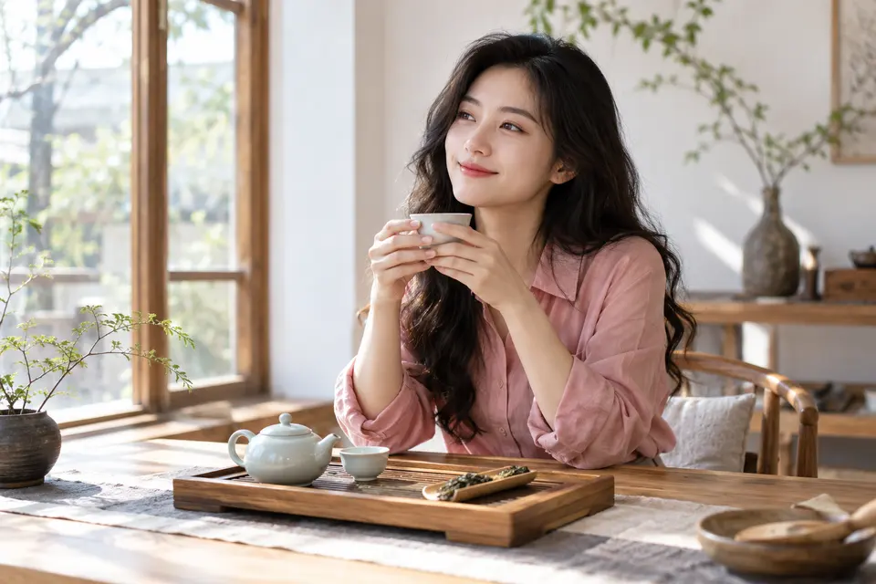 明亮茶室中双手捧杯品茶的场景示意